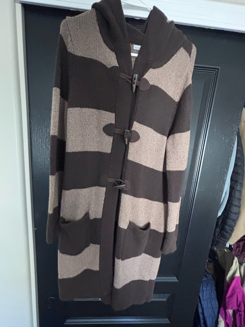 old navy vintage Striped Hooded Toggle Cardigan Sweater - Brown/Cream